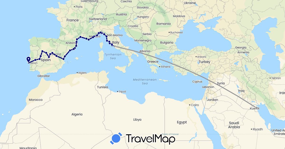 TravelMap itinerary: driving, plane in Spain, France, Italy, Kuwait, Monaco, Portugal (Asia, Europe)